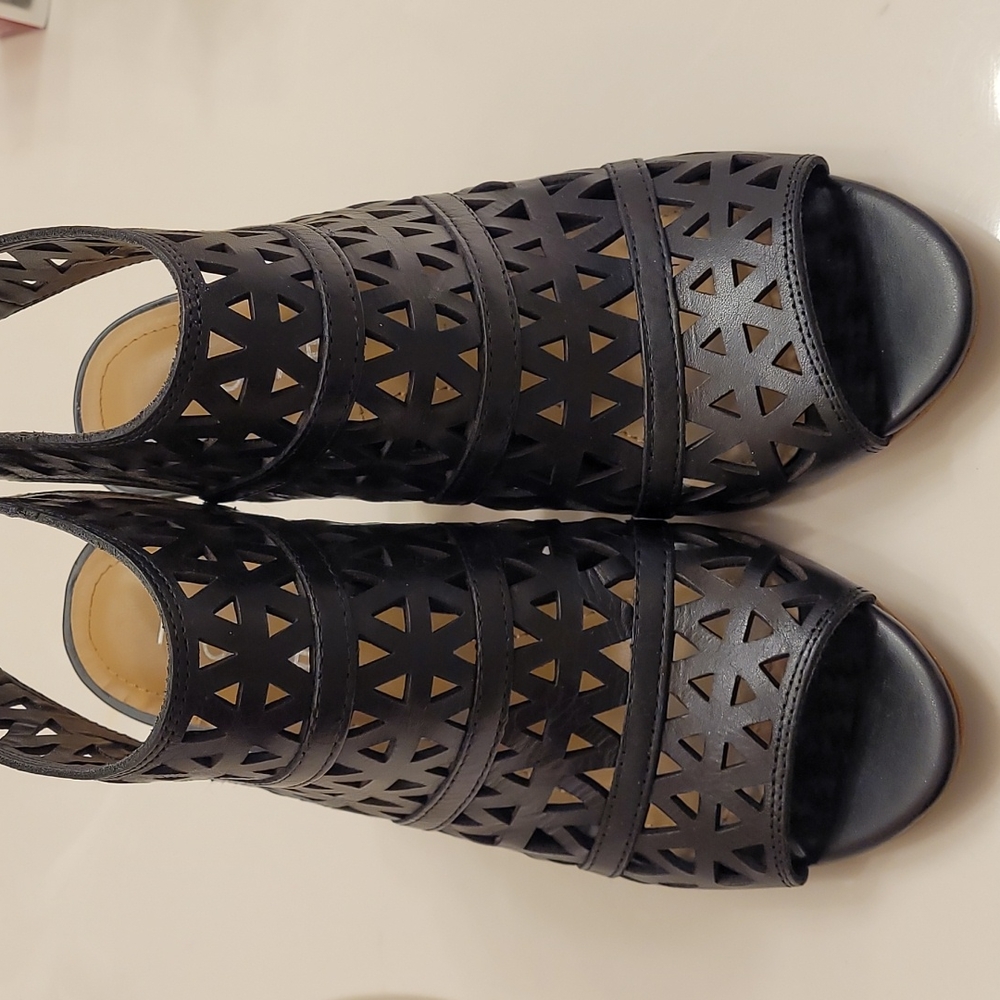 New Michael black leather block heel sandal.